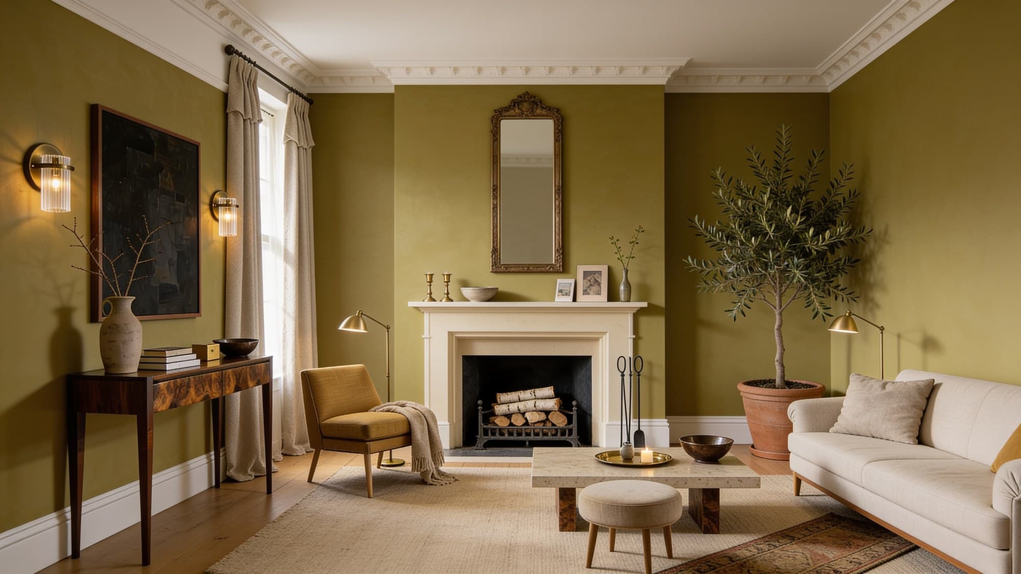 A sitting room: a pair of rippled-glass wall lights on the panelling, a burr-walnut console beneath them, a wool-herringbone curtain at the window and a re-upholstered armchair beside it.